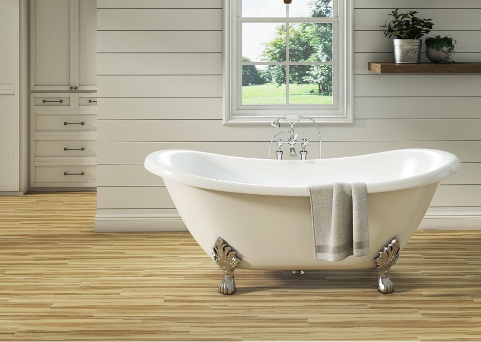 White bathroom with tub and flooring